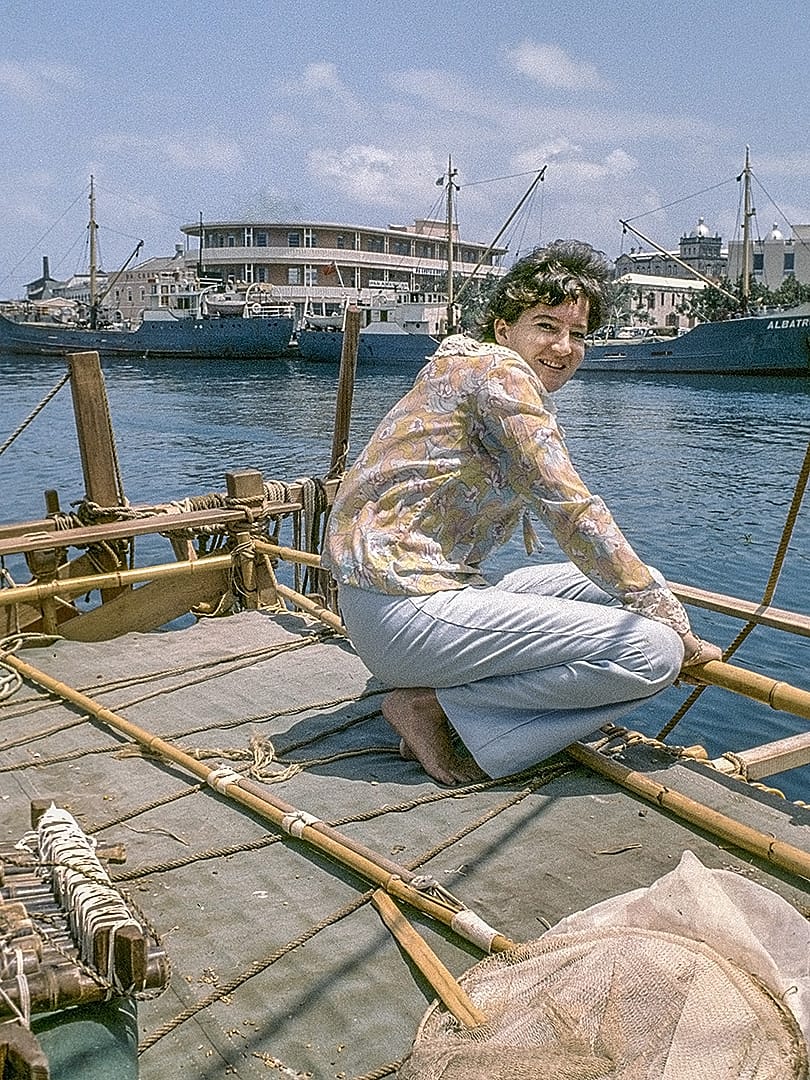 Jill Otway on the Ra II cabin roof, Bridgetown