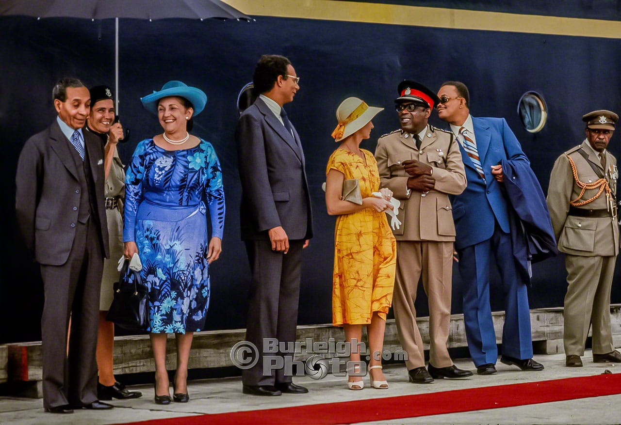 Barbados dignitaries prepare to welcome Queen Elizabeth – GG Sir D. Ward, Bajan Equerry in waiting Capt. V.O. Springer, Lady Ward, PM Adams and Mrs Adams, Commissioner of Police Mr. A. Prescot, Acting Port Manager Mr. K.A. Hall and the Aide–de–Camp Oct 31, 1977 bgv5-14 Barbados dignitaries prepare to welcome Queen Elizabeth – GG Sir D. Ward, Bajan Equerry in waiting Capt. V.O. Springer, Lady Ward, PM Adams and Mrs Adams, Commissioner of Police Mr. A. Prescot, Acting Port Manager Mr. K.A. Hall and the Aide–de–Camp Oct 31, 1977 bgv5-14