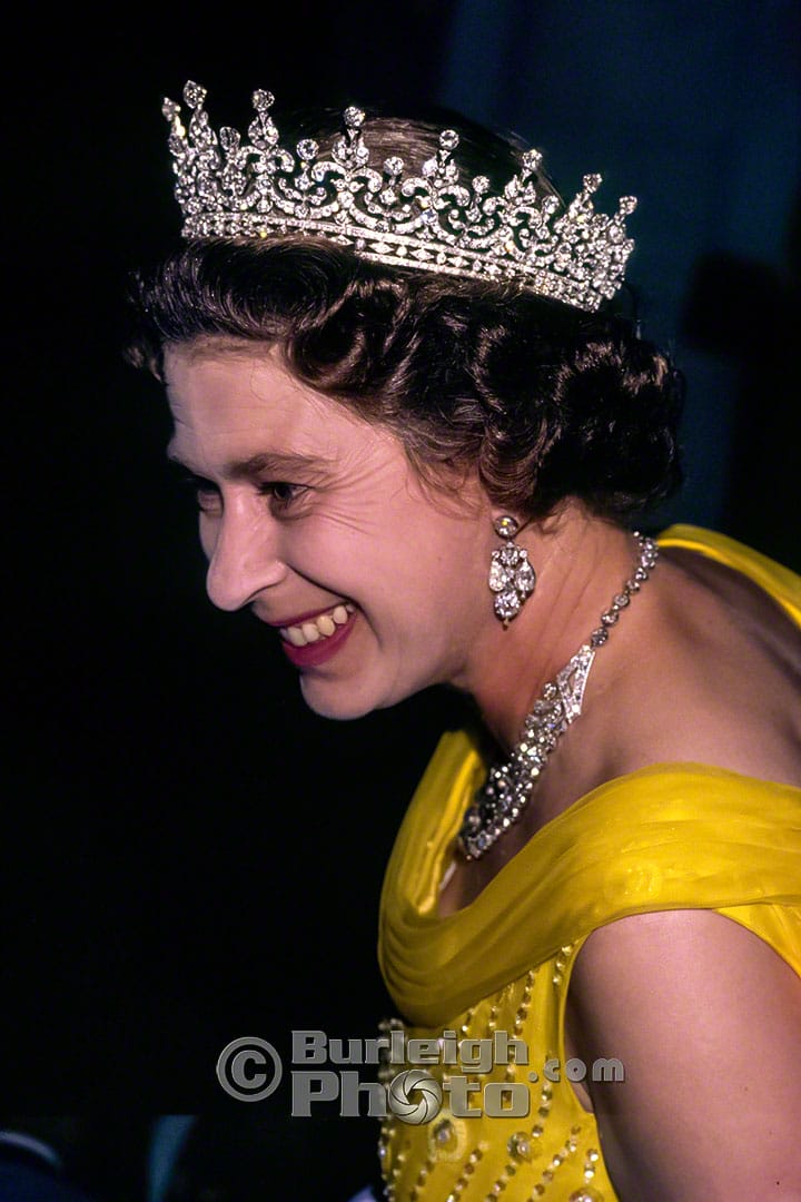Queen Elizabeth shows off her glitter as she meets Bajan dignitaries at the State dinner at Government House, Silver Jubilee, 1977