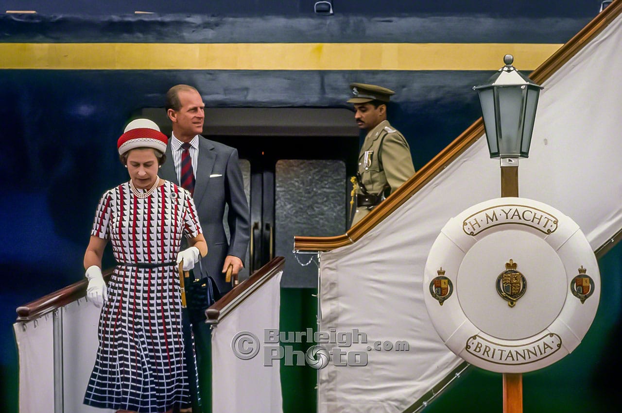 Queen Elizabeth and Prince Philip Disembark HMY Britannia escorted by Barbados Equerry Capt. Springer in Barbados, Silver Jubilee, Oct 31 1977 bgv05-17 Queen Elizabeth and Prince Philip Disembark HMY Britannia escorted by Barbados Equerry Capt. Springer in Barbados, Silver Jubilee, Oct 31 1977 bgv05-17