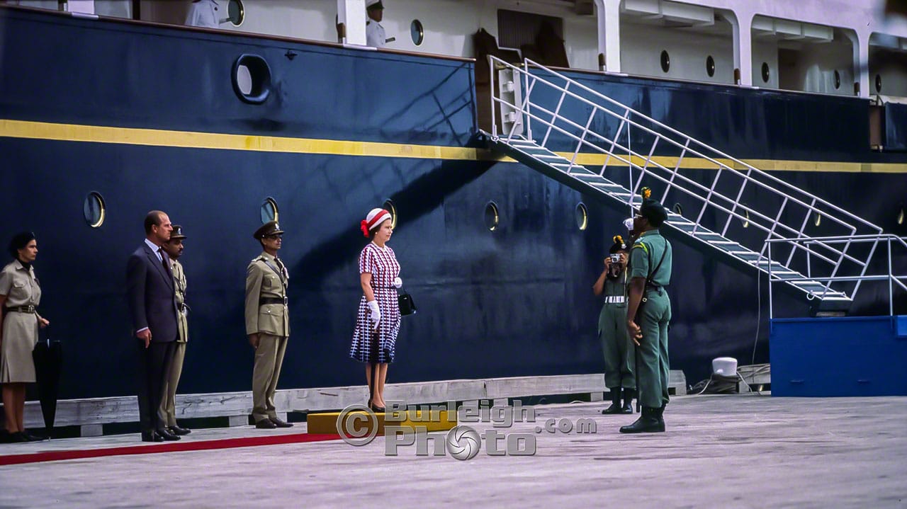 Queen Elizabeth receives a Royal Salute on arrival in Barbados to begin her final visit of her Silver Jubilee Tour of 1977.