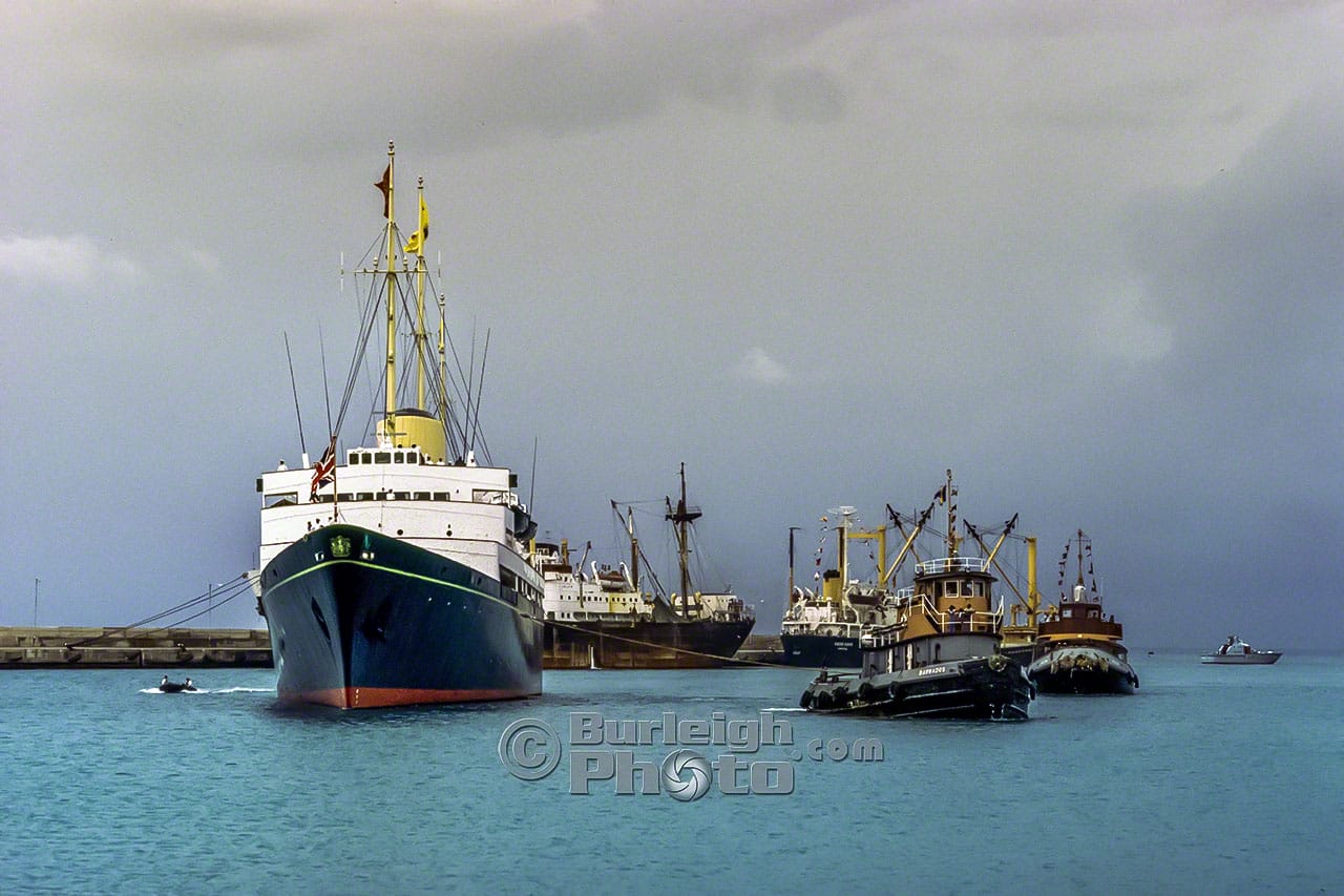 The tugs Barbados and Pelican bring HMY Britannia is brought into Bridgetown Deepwater Harbour, Silver Jubilee, 1977 The tugs Barbados and Pelican bring HMY Britannia is brought into Bridgetown Deepwater Harbour, Silver Jubilee, 1977