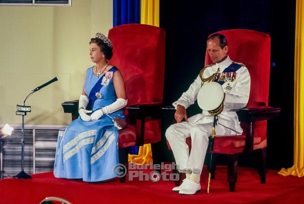 Her Majesty and Prince Philip prepare to open the Barbados Parliament, Silver Jubilee, 1977